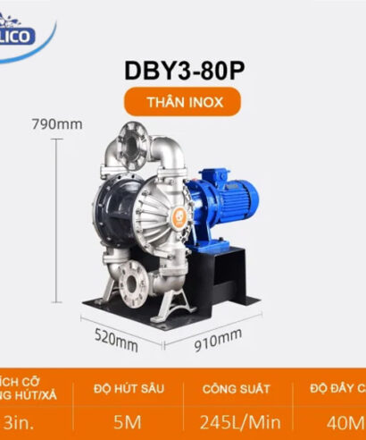 Model: DBY3S-80 Vật liệu thân bơm: INOX (Thép không gỉ) Vật liệu màng, bi, đế: PTFE (Teflon) Lưu lượng tối đa: 245 lít/phút (~14,7 m³/h) Công suất động cơ: 4 kW Áp lực làm việc tối đa: 7 bar Cổng hút/xả: 3 inch Kích thước hạt rắn tối đa: 6,4 mm Lưu lượng mỗi chu kỳ: 3,9 lít Độ hút sâu: 5 m Độ đẩy cao: 70 m Độ ồn: 60 – 80 dB Nhiệt độ làm việc: Lên đến ~120C (tùy môi chất)
